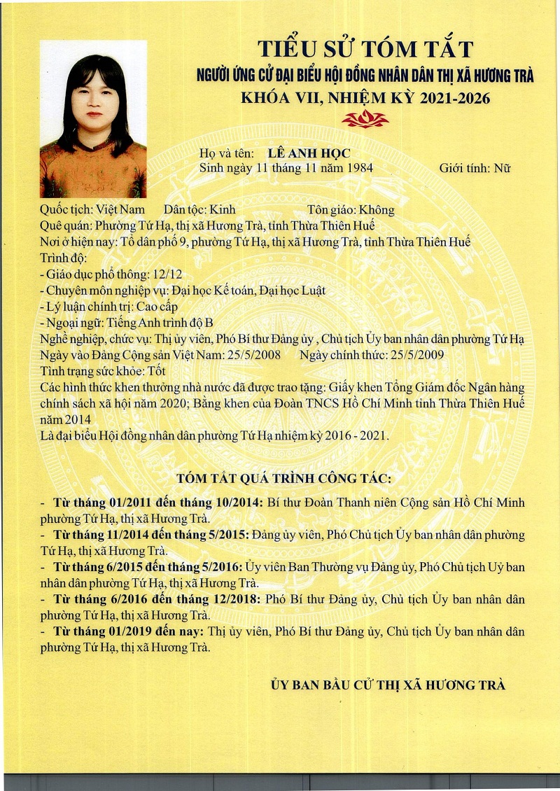 Tiểu sử và chương trình hành động của bà Lê Anh Học, ứng cử đại biểu HĐND thị xã khóa VII, nhiệm kỳ 2021-2026